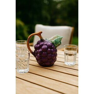 Vintage Ceramic Grape-Shaped Pitcher With Leaf Spout & Wooden-Style Handle